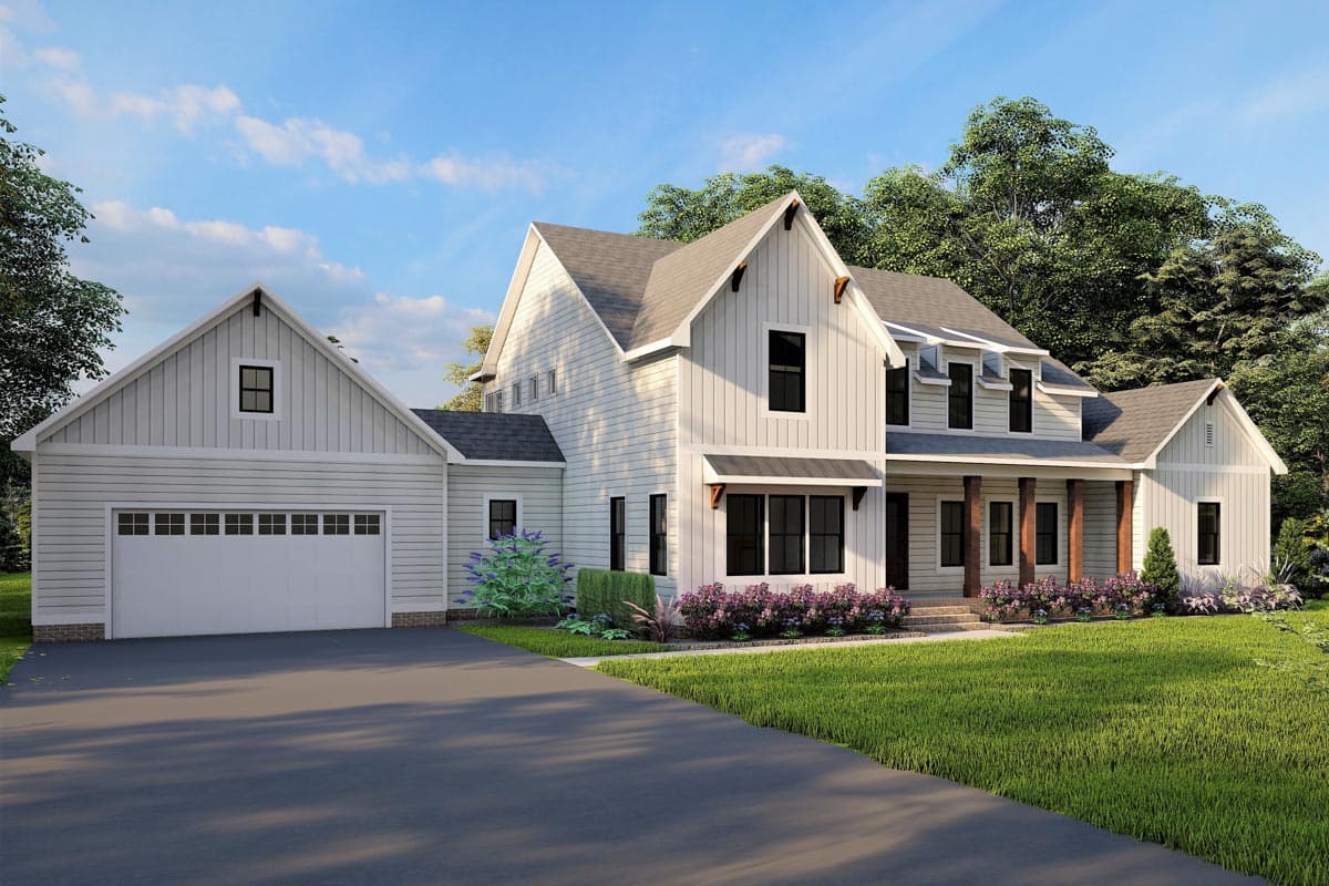 Modern Farmhouse house plan exterior with white board and batten siding, gabled dormers, and a covered porch with wooden posts.