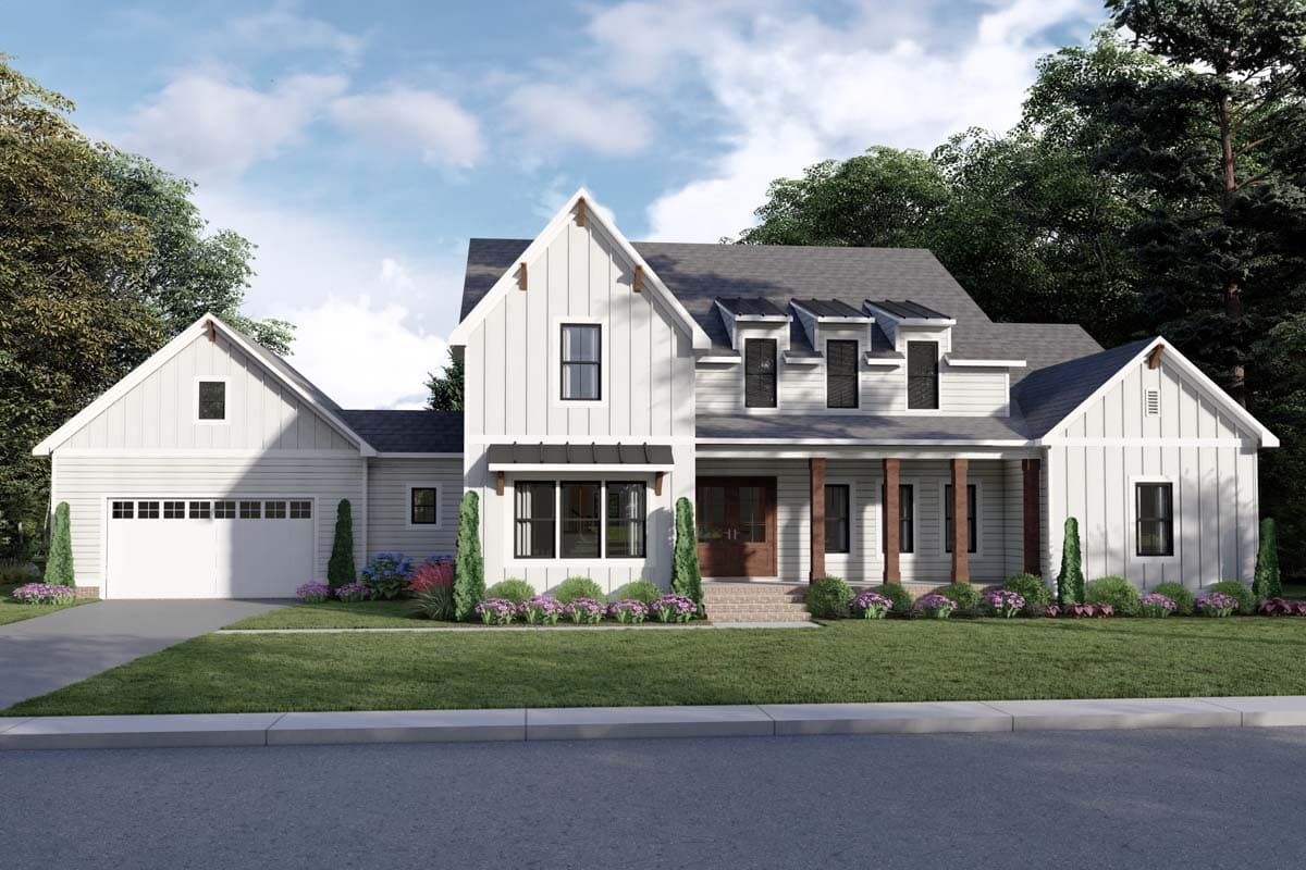 Modern Farmhouse exterior with two stories, gabled roof, dormers, and a front porch with columns. Features a side-entry garage.