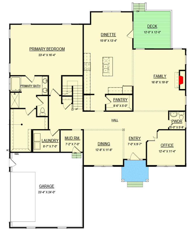 Plan 83619CRW: 5-Bed New American House Plan with Home Office - 3986 Sq Ft - Floor Plan - Main Level - New American, Traditional