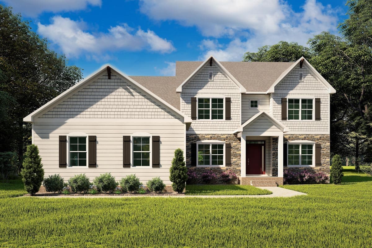 House plan exterior: two-story home with gabled rooflines, stone and shingle siding, and a covered front entry.