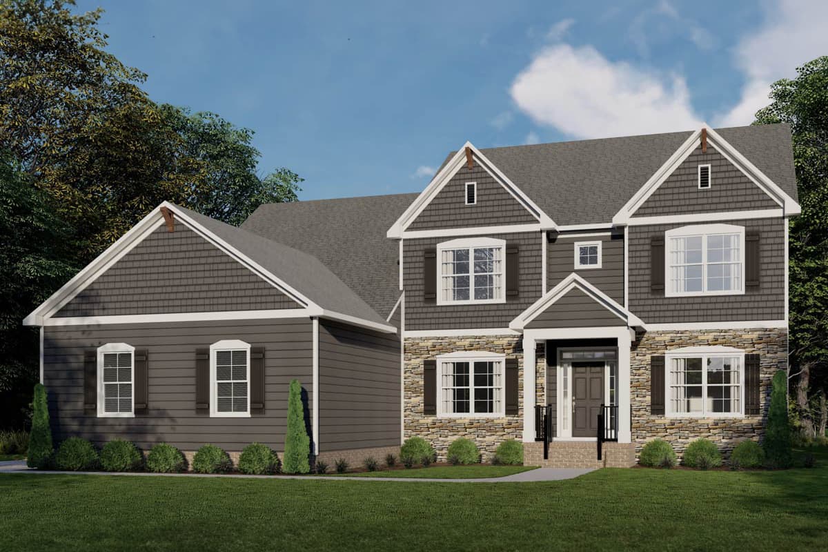 House plan exterior with two stories, gabled roof, and stone facade accents. Features include window shutters and a covered entryway.