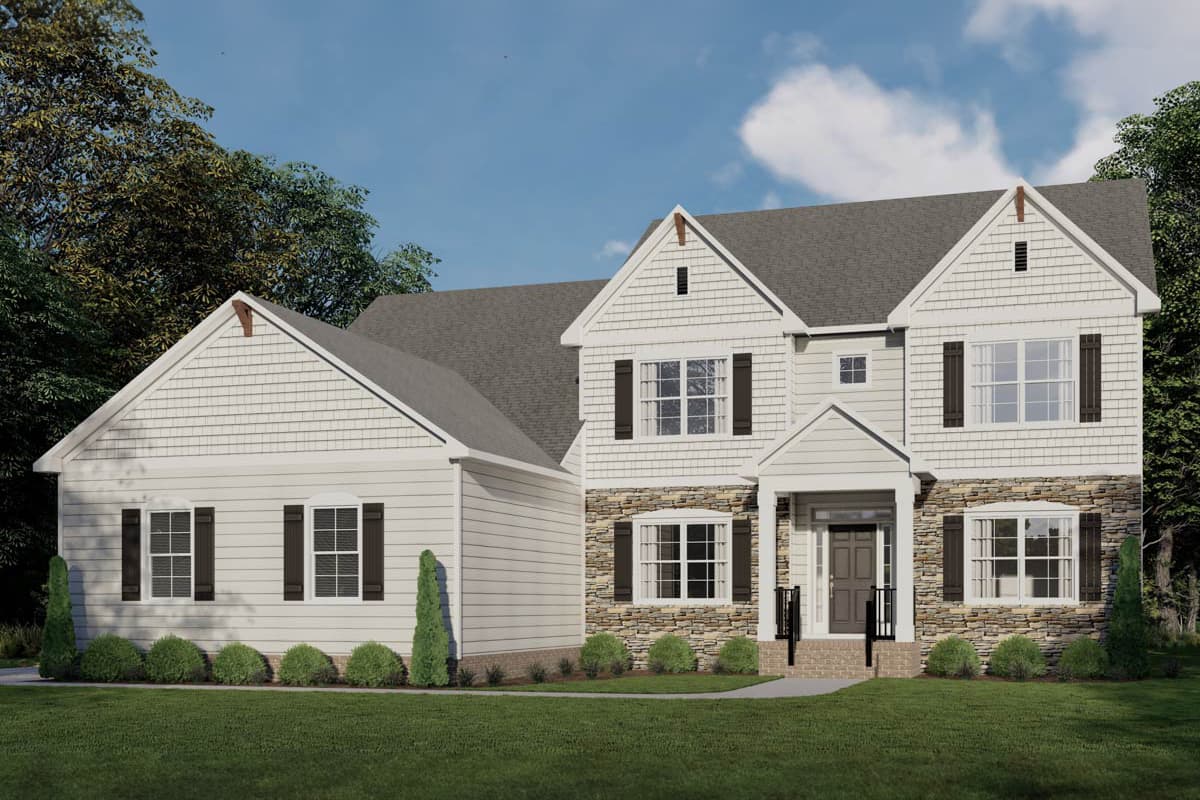 House plan exterior: Two-story home with stone accents, multiple gables, shaker siding, and covered entry porch.