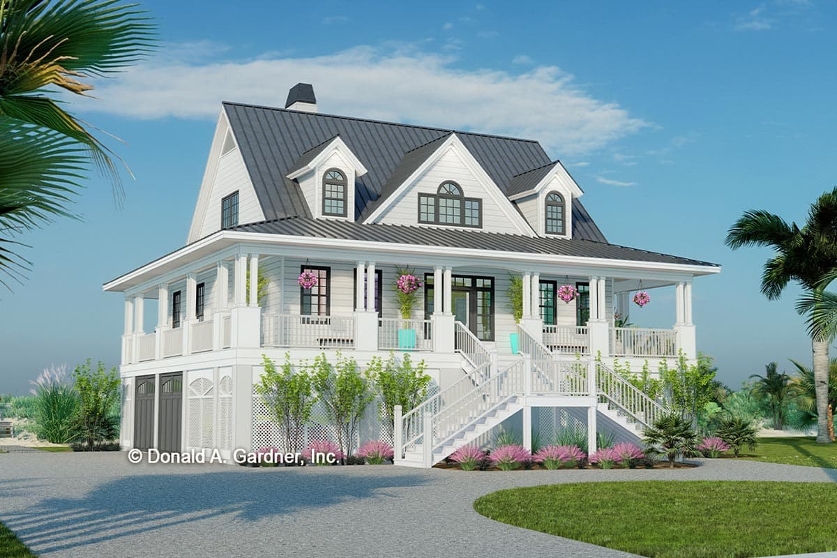 House plan exterior. Two-story design in farmhouse style. Features include a wrap-around porch, dormers, and a metal roof. Includes garage.