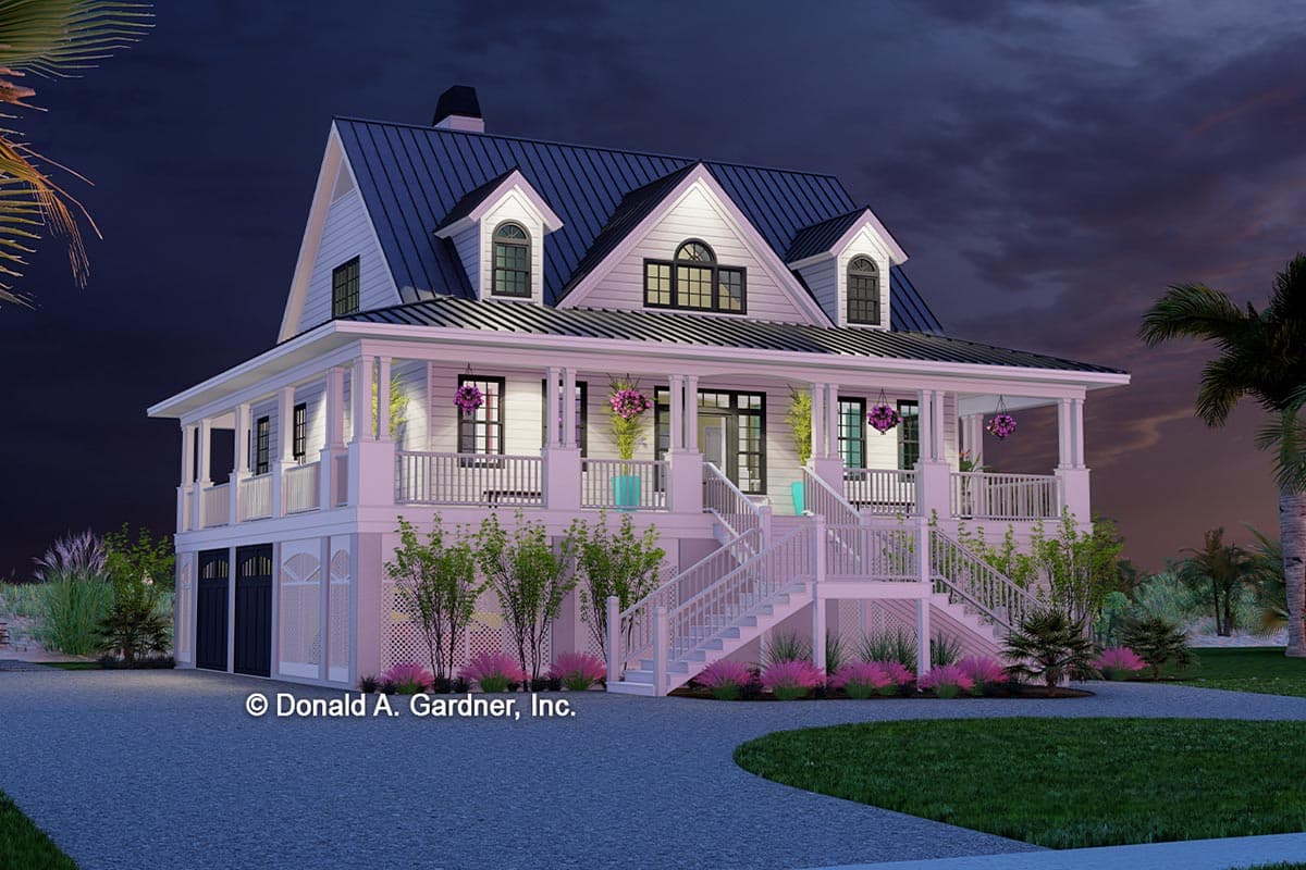 House plan exterior: Two-story Modern Farmhouse with wrap-around porch, metal roof, dormers, and elevated garage.