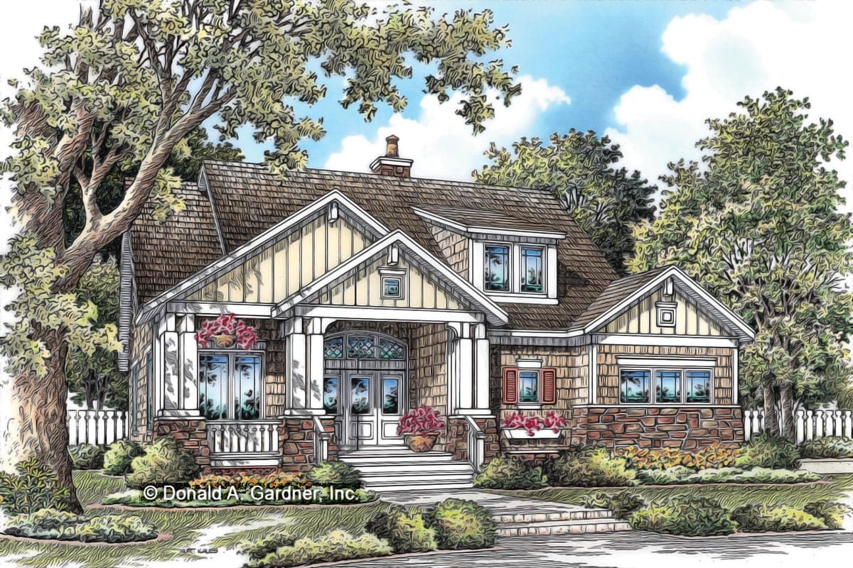House plan exterior. Craftsman style, two-story house with a gabled roof, front porch, and dormers. Stone and wood siding.