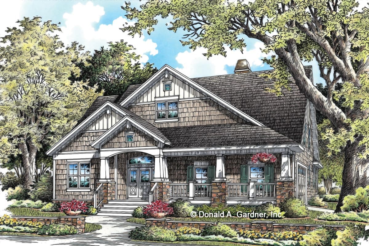 House plan exterior in Craftsman style. Features include a front porch, gabled roof, stone accents, and shake siding. Two-story house.
