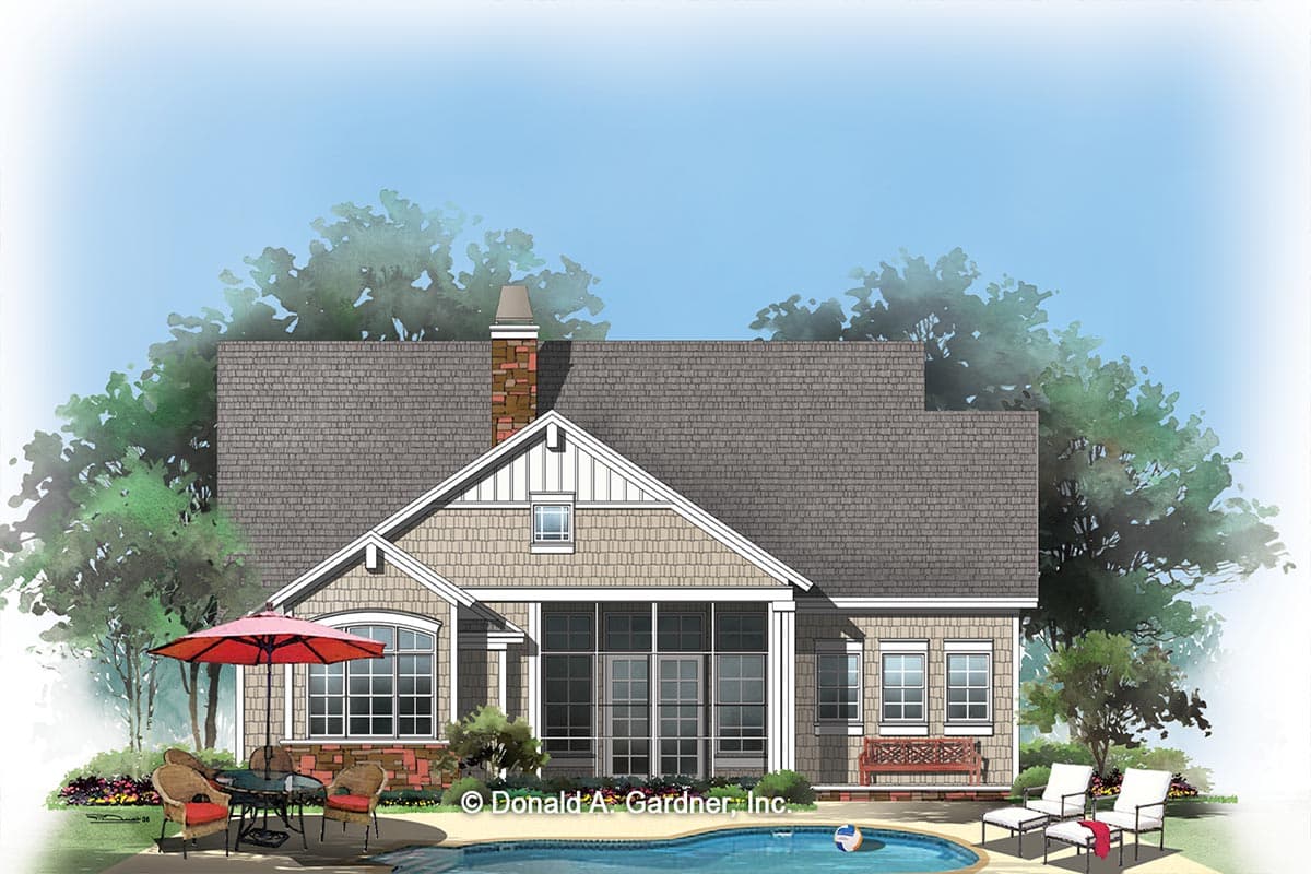 House plan exterior: Ranch style, single story, with brick chimney, multiple gables, large windows, and a screened porch.