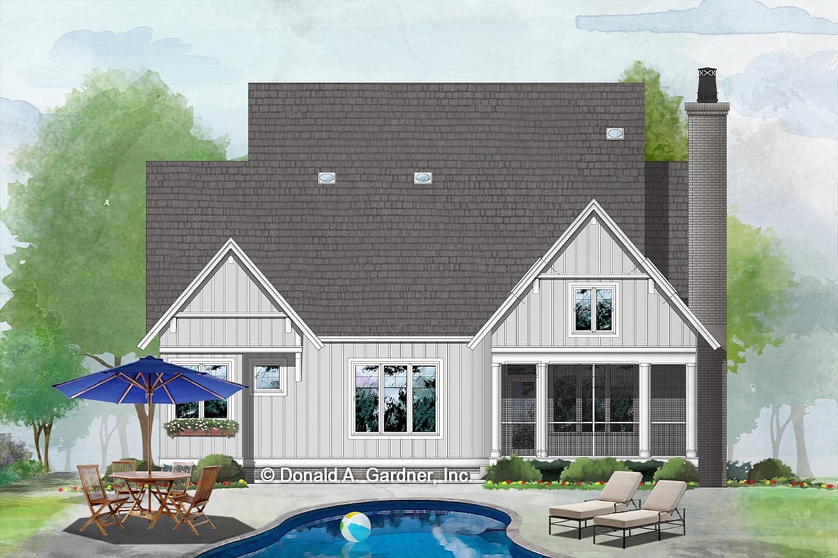 House plan exterior view of a two-story Modern Farmhouse with gables, a prominent chimney, and a screened porch.