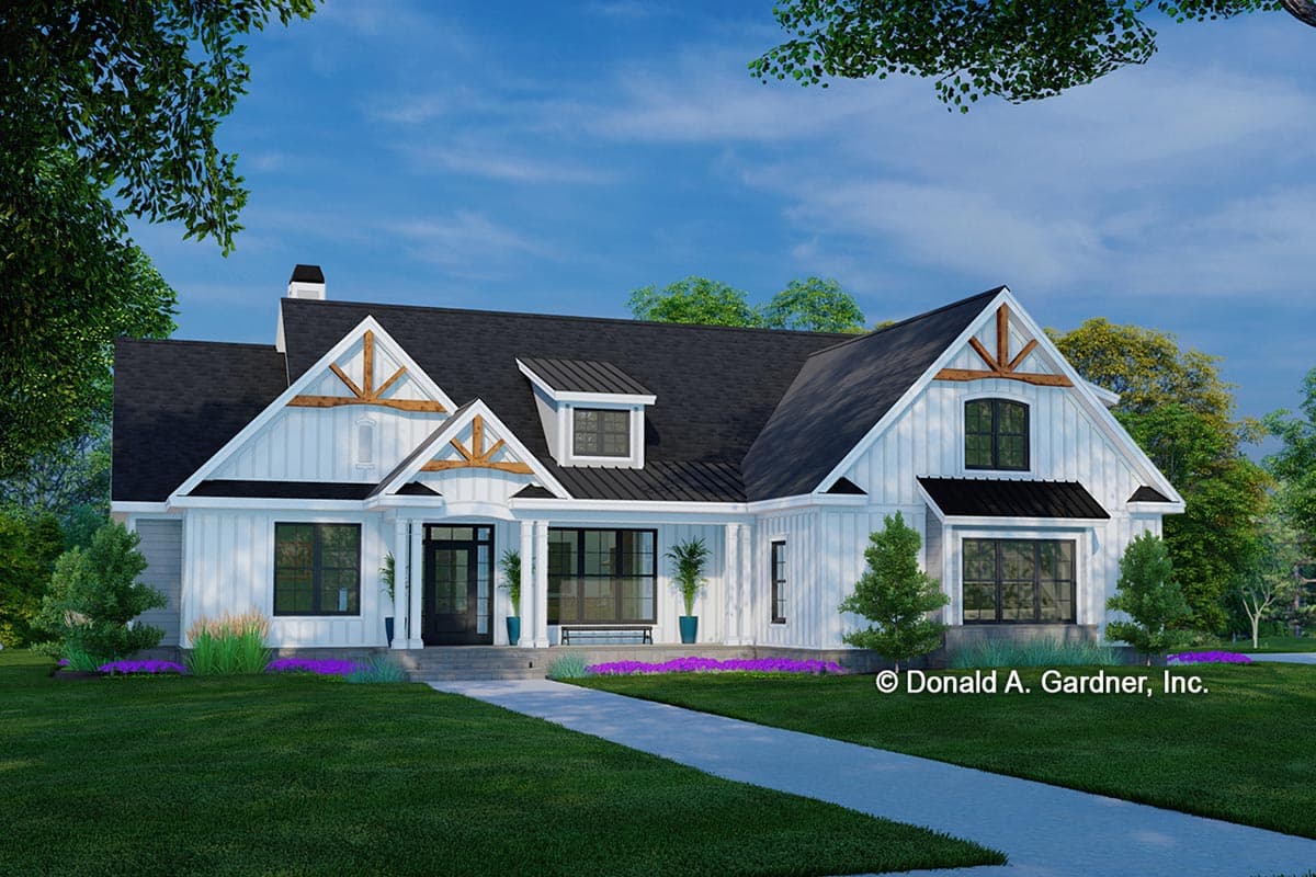 House plan exterior featuring a two-story Modern Farmhouse design. Includes a covered porch, multiple gables with timber accents, and a dark roofline.