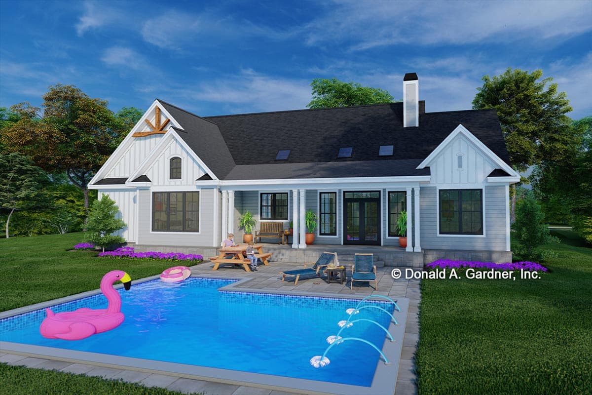 House plan exterior: Modern Farmhouse style, one story, with gables, front porch, and double door entry.