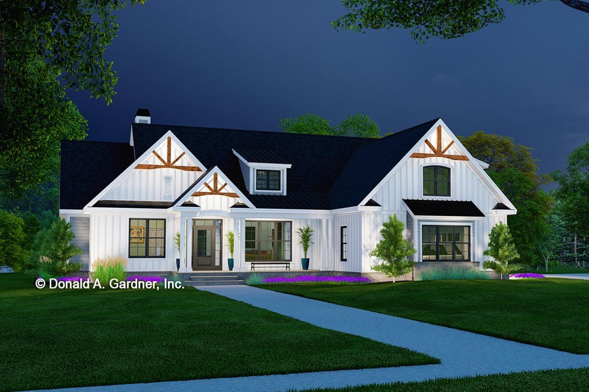 Modern Farmhouse house plan exterior with board and batten siding, a covered front porch, dormers, and prominent gables with timber accents.