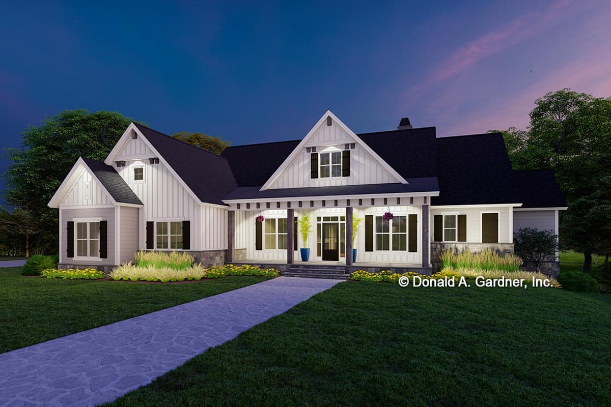 Modern Farmhouse house plan exterior with a prominent covered front porch, gables, and board and batten siding.