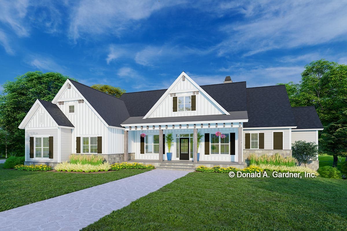 House plan exterior rendering. Modern Farmhouse style with a two-story design, featuring gables, a covered porch, and horizontal siding.
