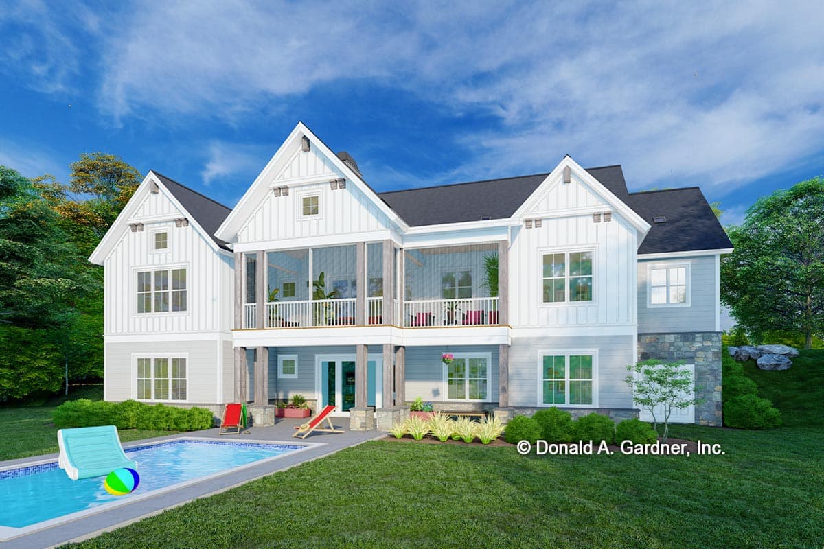 Modern Farmhouse house plan exterior with two stories, gables, a screened porch, and stone accents.