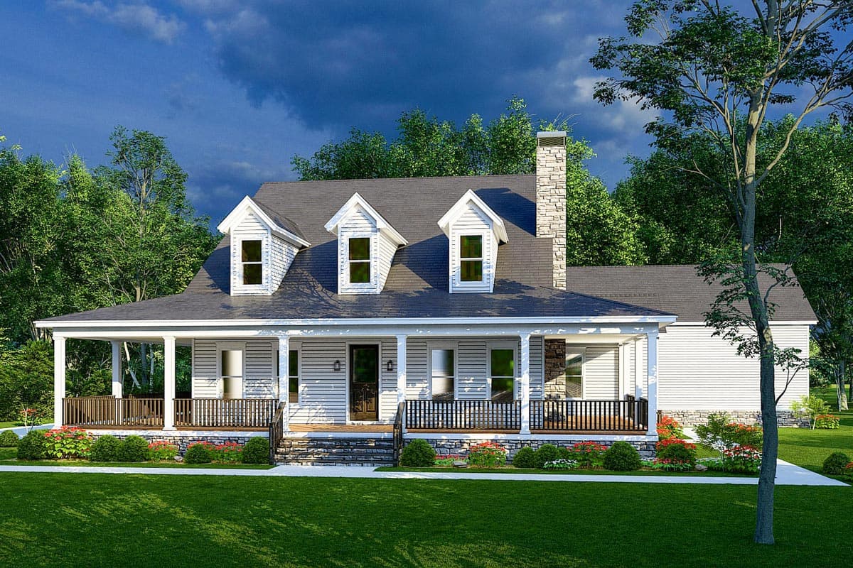 House plan exterior: Two-story home with a full wrap-around porch, three dormers, and a stone chimney.