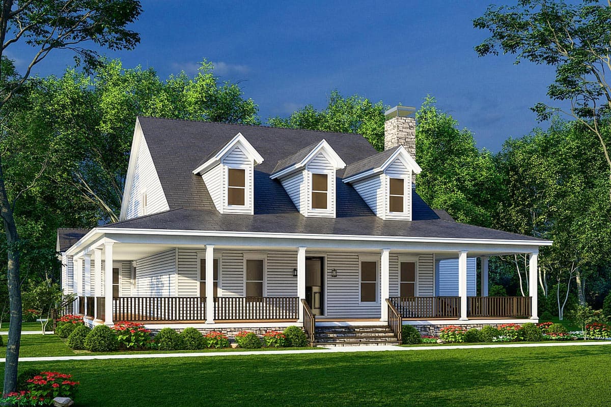 House plan exterior of a two-story Modern Farmhouse with a wrap-around porch, stone chimney, and three dormer windows.