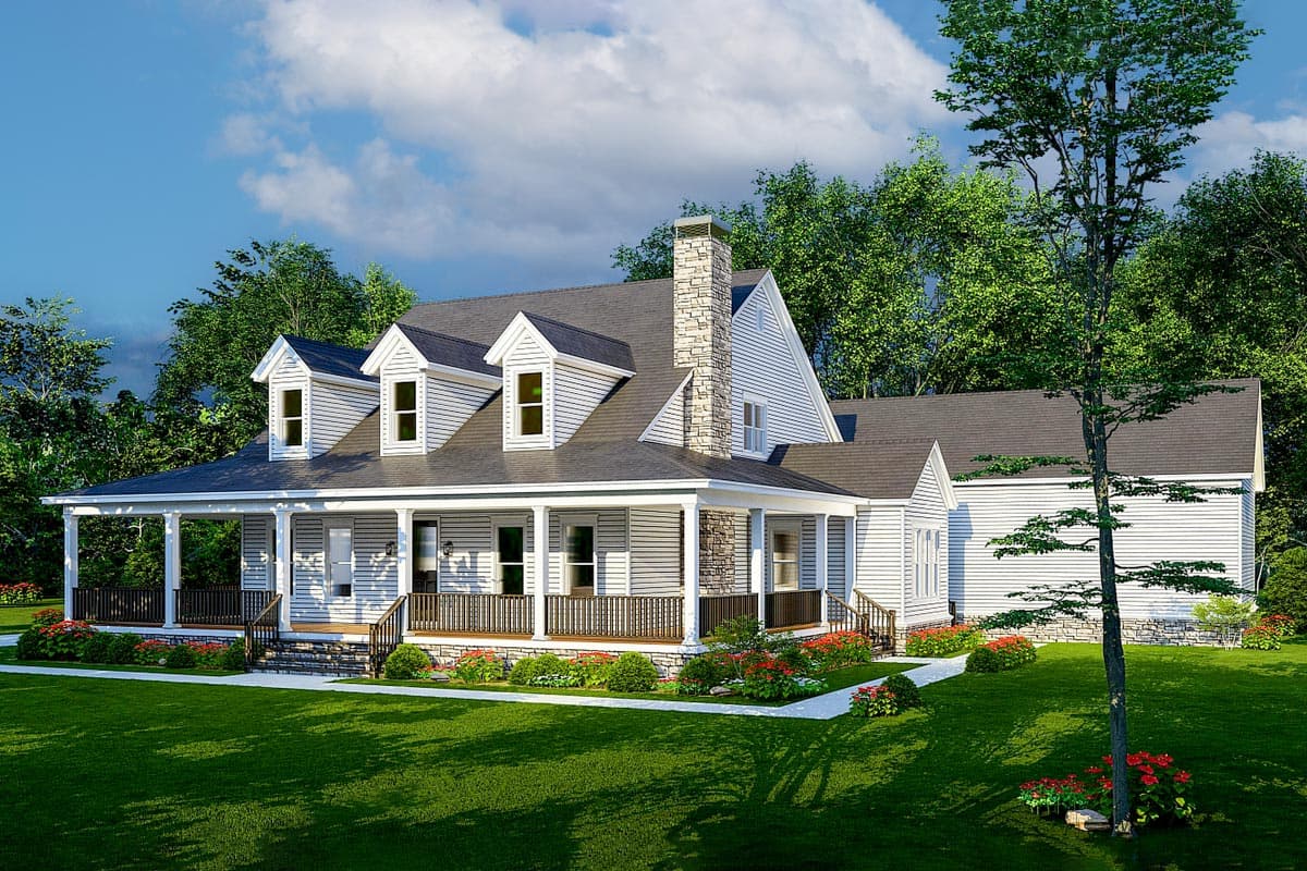 House plan exterior. Two-story farmhouse with a wraparound porch, dormers, and a stone chimney. Features a gabled roof and white siding.