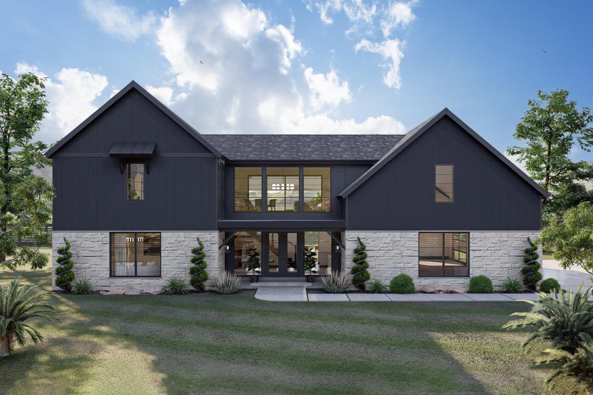 House plan exterior. Two-story Modern Farmhouse with gabled roof, stone veneer, and large windows. Includes covered entry and dormer.