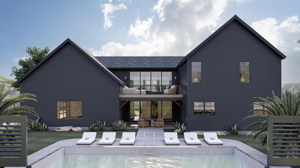 Modern farmhouse house plan exterior with dark siding, gabled roofs, a second-story balcony, and large windows.
