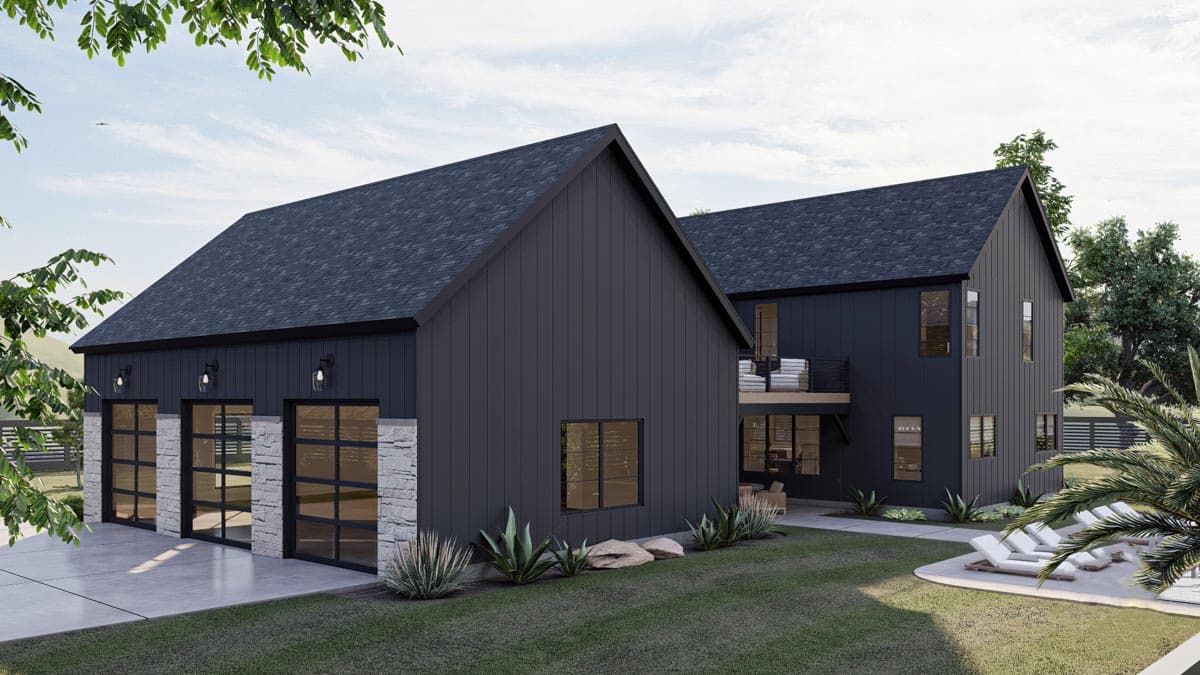 Modern Farmhouse house plan exterior with dark vertical siding, gabled rooflines, and three glass garage doors with stone accents.