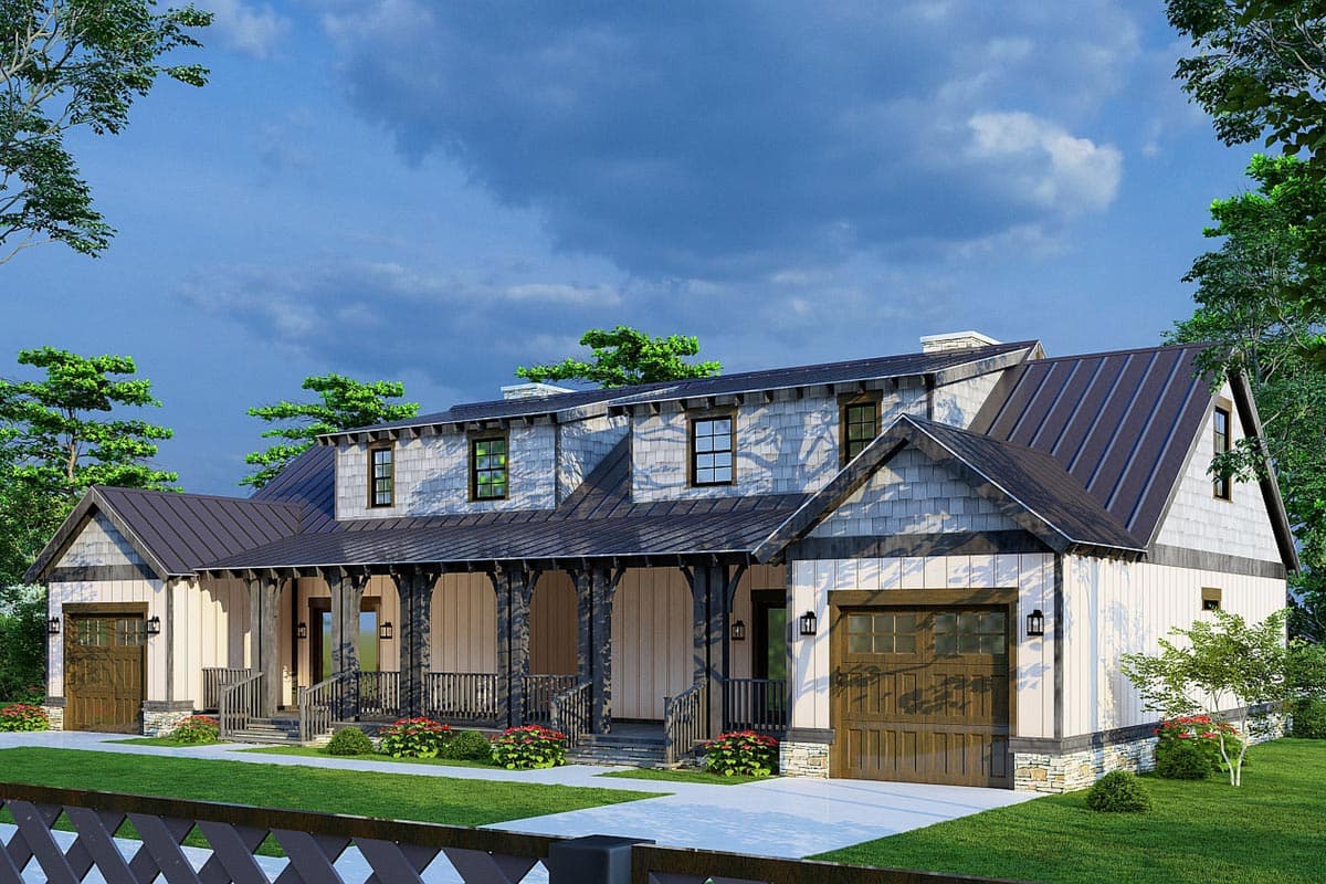 Modern Farmhouse house plan exterior with a wide covered porch, dormers, and two garage bays.