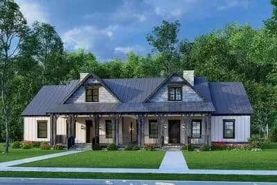 Rustic Duplex House Plan with 2-Story Great Room with Sleeping Loft - 1292 Sq Ft 3-Bed Units