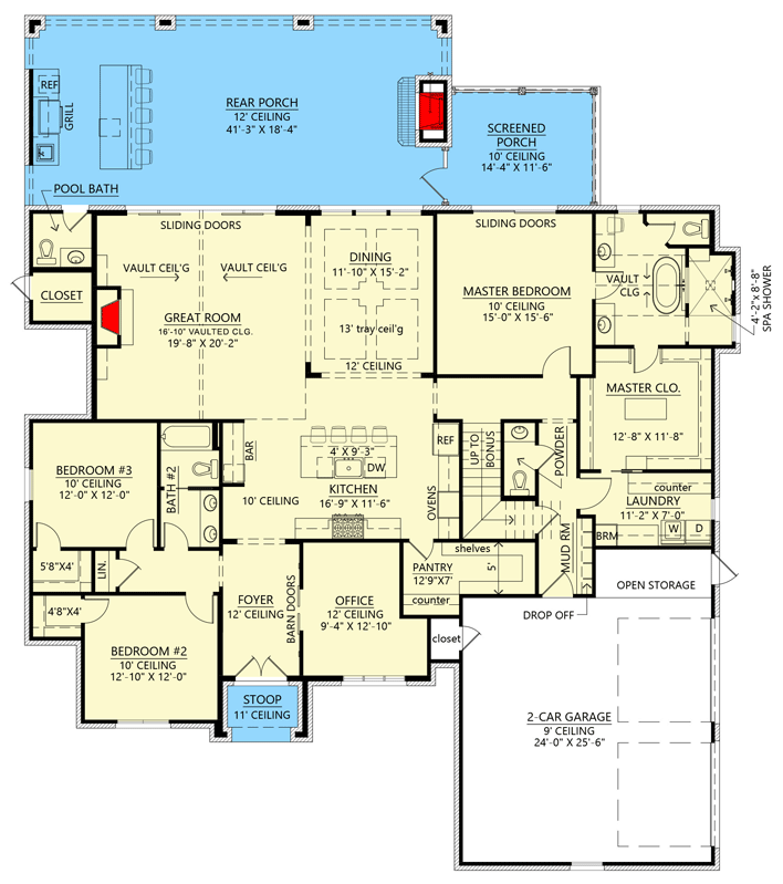 Plan 56517SM: Transitional Home Plan with Split-Bed Layout and Bonus Room - Floor Plan - Main Level - European, Ranch, Southern, Transitional