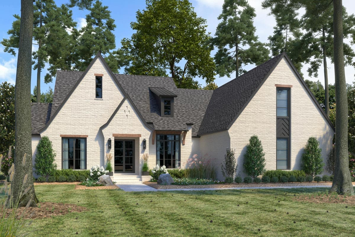 House plan exterior with two stories, gabled roof, dormers, and brick facade. Features include a front porch and multiple dark-framed windows.