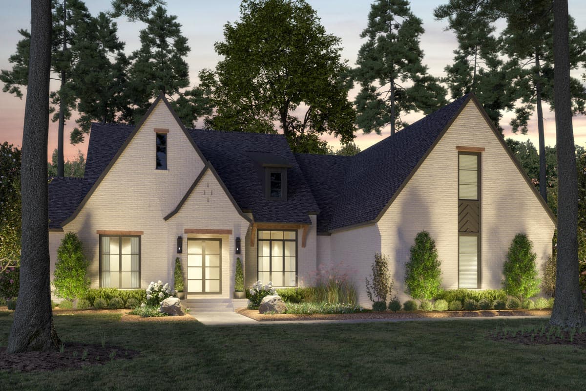 House plan exterior, modern farmhouse style, white brick, prominent gables, dormer, and metal roof.