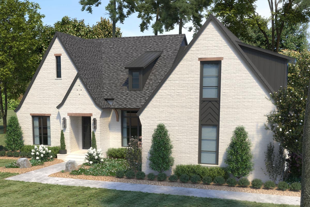 House plan exterior: Modern French country style, white brick facade, steeply pitched gables, mansard dormer, dark metal roof.