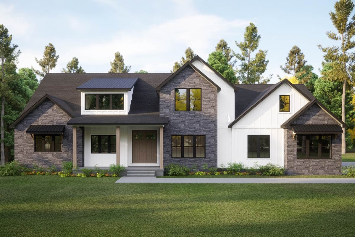 House plan exterior. Two-story Modern Farmhouse with stone and white siding, gables, a covered porch, and a standing seam metal roof.