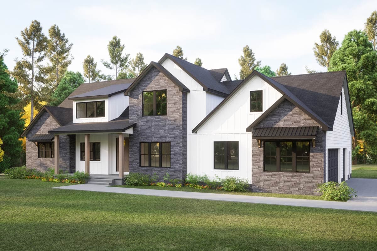 Modern Farmhouse house plan exterior with stone and board-and-batten siding, prominent gables, and a covered porch.