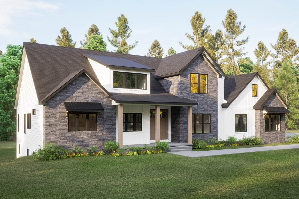 House plan exterior. Two-story Modern Farmhouse with stone and white siding, covered entry porch, and multiple gables.
