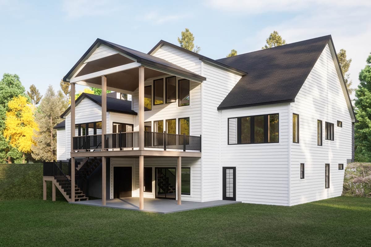 House plan exterior: Modern style, two stories, large covered deck, white siding, black roof, and numerous windows.