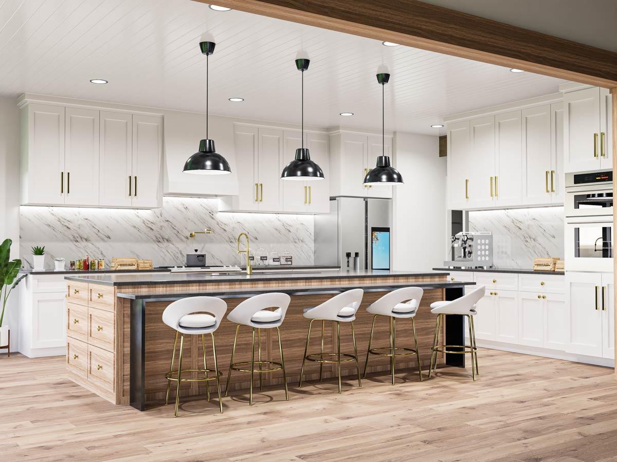 Contemporary kitchen with large island, white cabinets, marble backsplash, pendant lights, and stainless steel appliances.