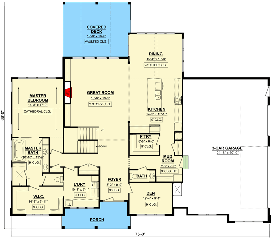 Plan 911017JVD: New American Home Plan with Two Story Great Room and a 3-Car Garage - Floor Plan - Main Level - Country, Craftsman, Modern Farmhouse, New American, Traditional