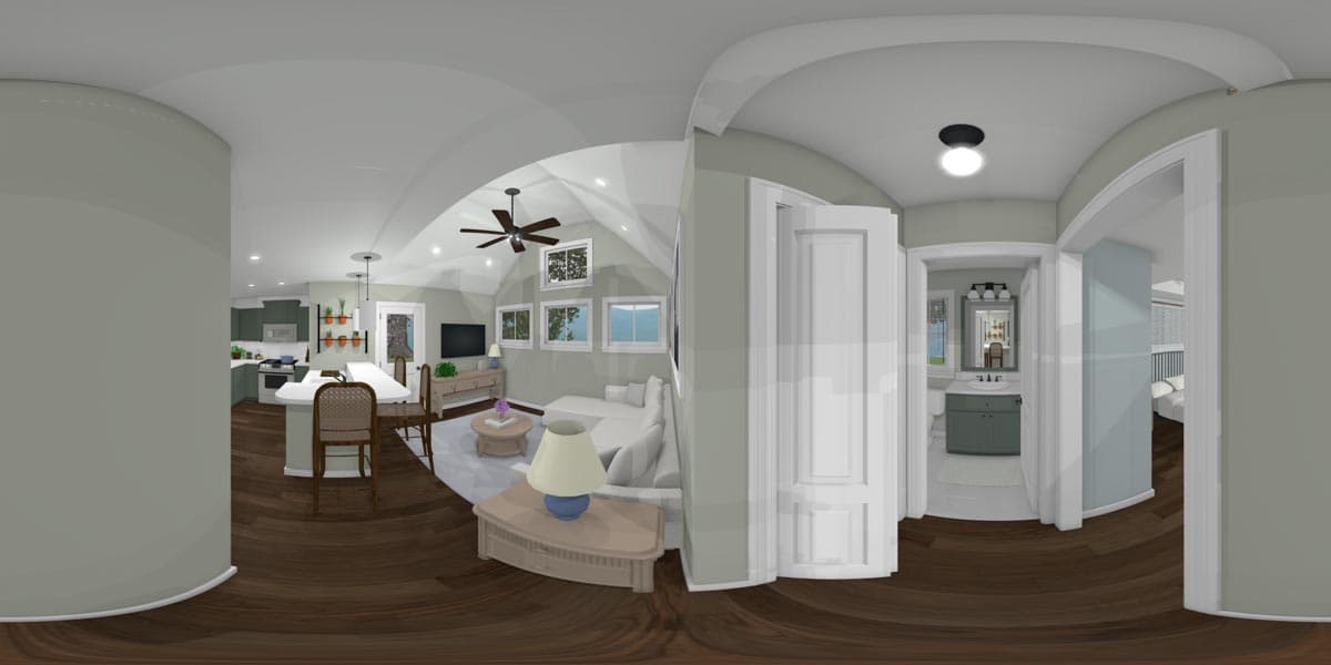 360 interior rendering of an open-concept living area with vaulted ceiling, kitchen island, and adjacent bathroom and bedroom.