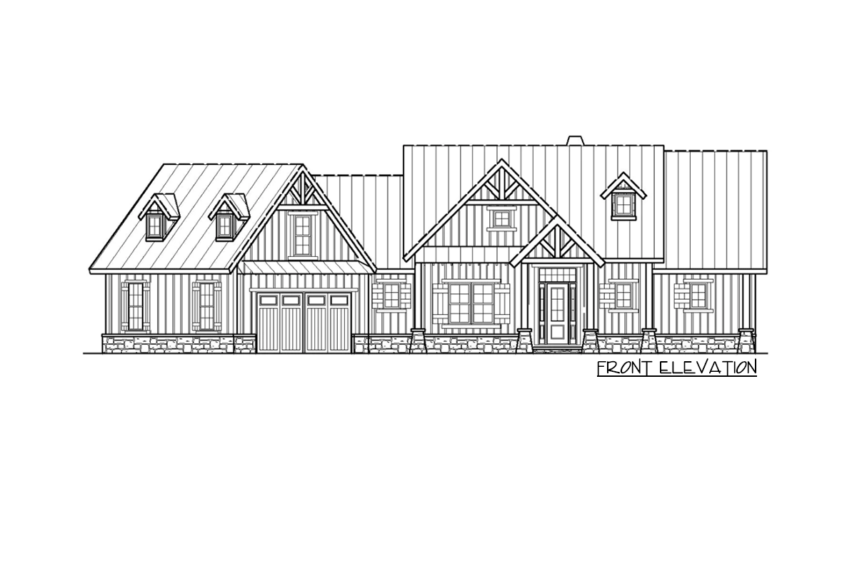 Front elevation house plan showing a two-story Modern Farmhouse with a metal roof, gables, dormers, and a three-car garage.