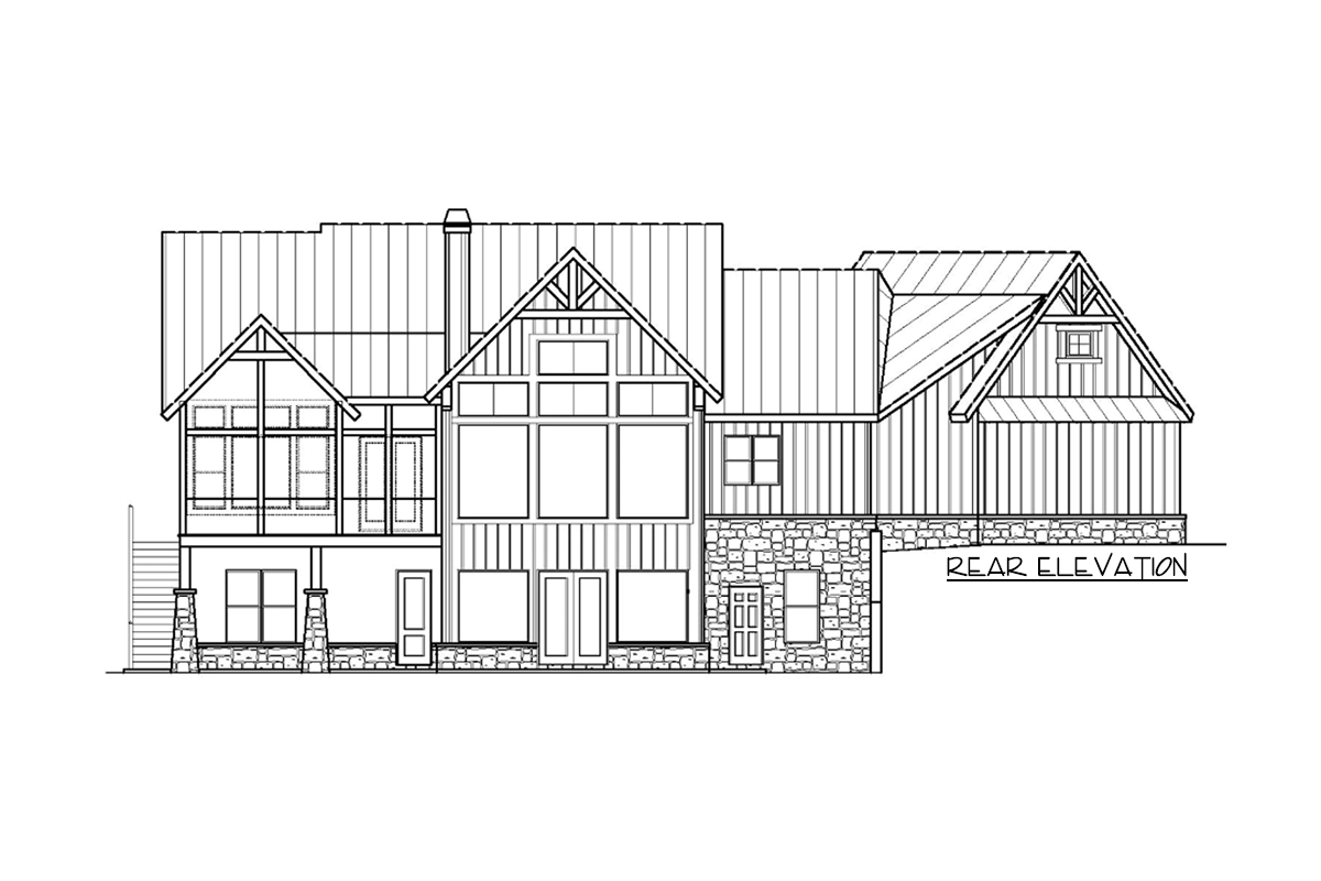 Rear elevation drawing of a house plan featuring multiple gables, a prominent chimney, and a stone foundation.