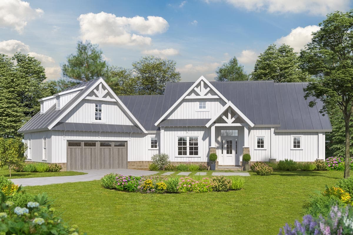 House plan exterior featuring a farmhouse style with gabled rooflines, two stories, and a front-facing garage with wood doors.