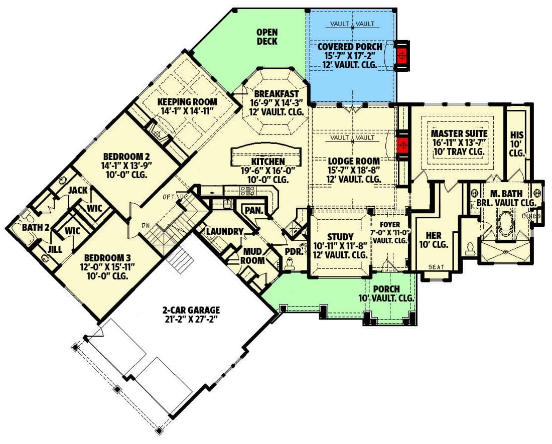 Plan 25717GE: Rustic Craftsman with an Angled 2-car Garage and a 2-Story Lodge Room Open to the Kitchen - Floor Plan - Main Level - Craftsman, Mountain, Rustic