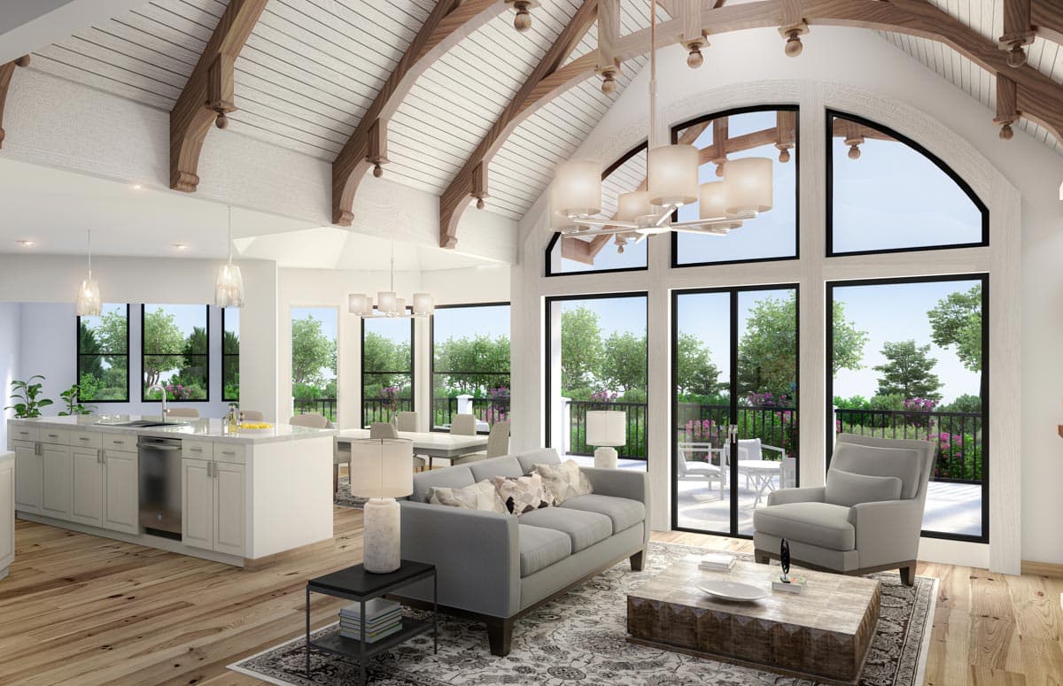 Interior rendering of open-concept living area with vaulted wood-beamed ceiling, large windows, kitchen island, and seating areas.