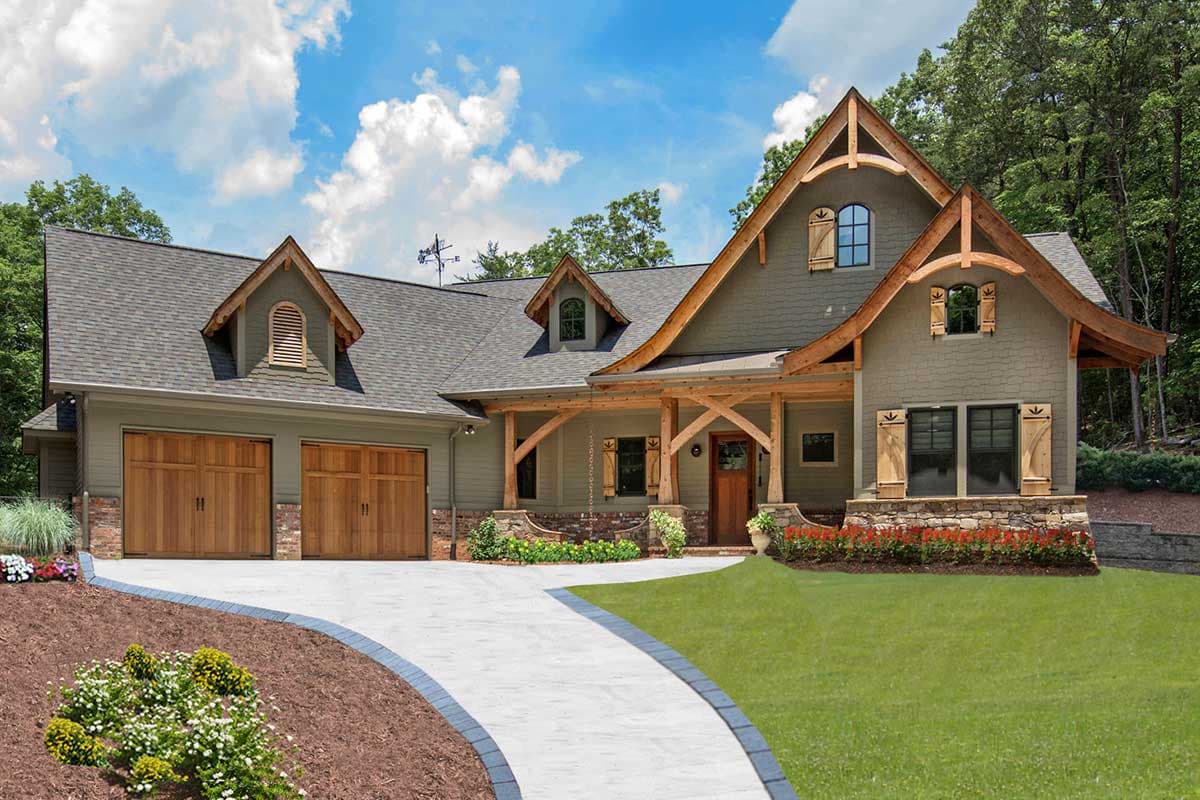 House plan exterior. Craftsman style, one-story house with a gabled roof. Features a covered porch, dormers, and a two-car garage.