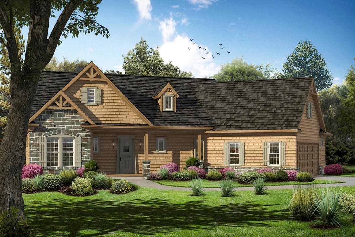House plan exterior. Craftsman style, single story. Features include stone accents, a covered porch, dormers, and a gabled roof.