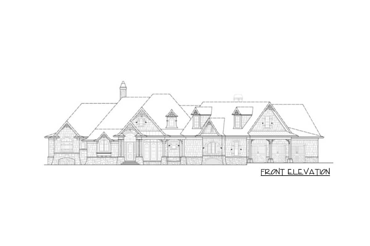 Front elevation drawing of a large house with multiple gables, dormers, a prominent chimney, and covered porches.