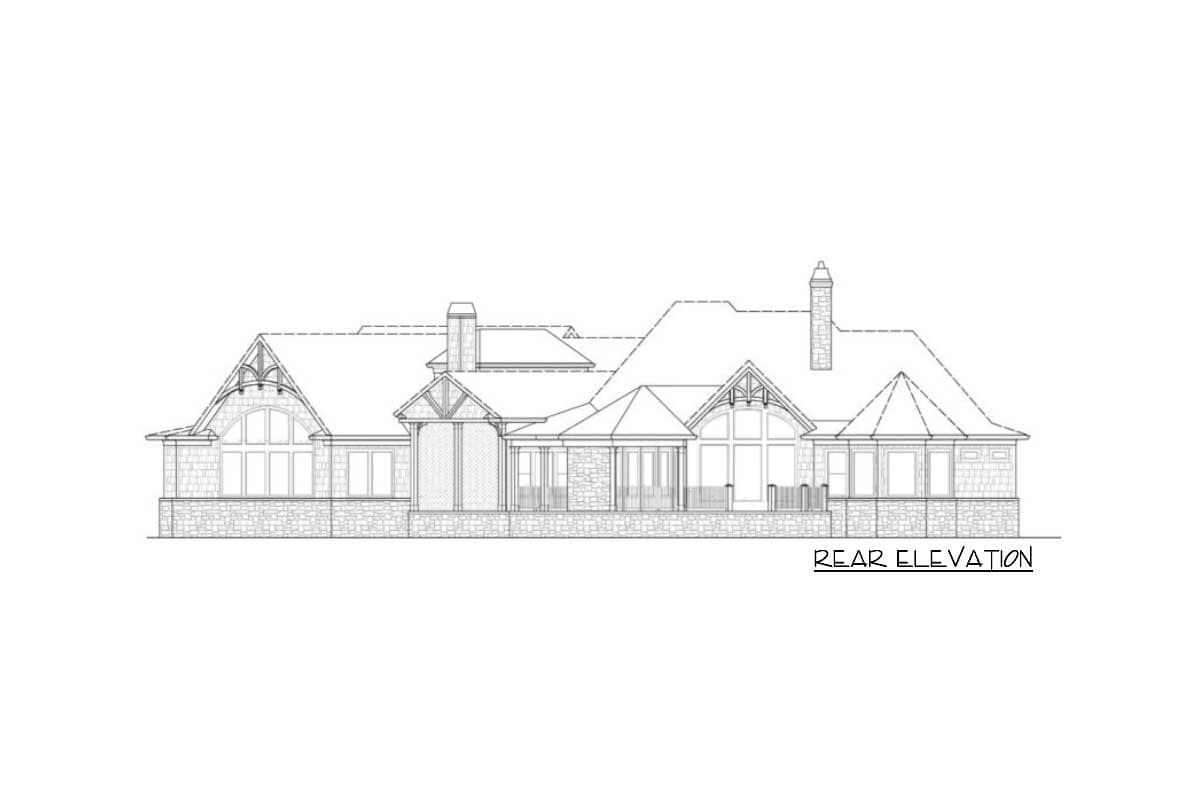 Rear elevation drawing of a house plan featuring stone and shingle siding, multiple gables, and large arched windows.