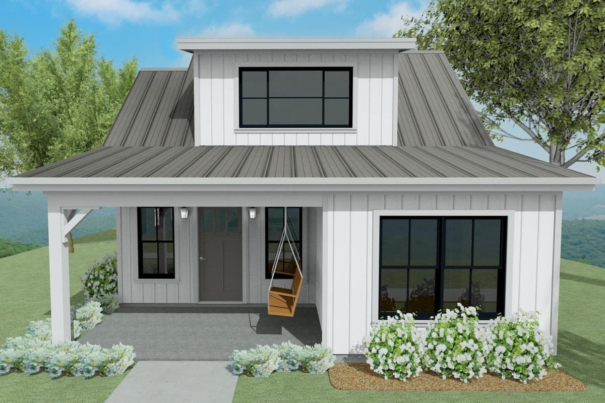 House plan exterior. Modern Farmhouse style with metal roof, covered porch, and a dormer. One-story structure with a swing on the porch.