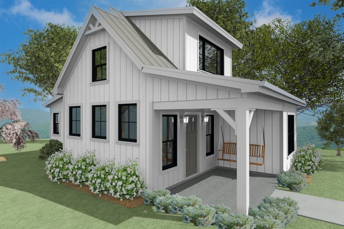 House plan exterior: Two-story Modern Farmhouse with board and batten siding, metal roof, front porch with swing, and multiple gables.