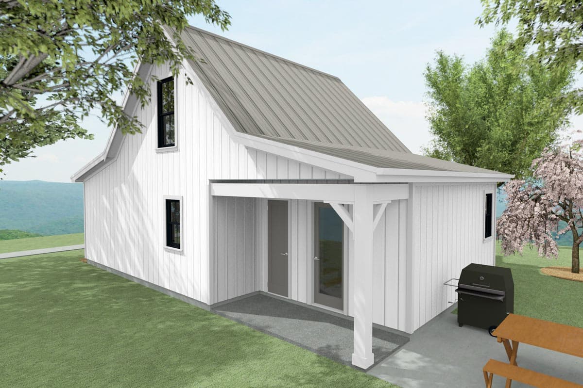 House plan exterior: Modern Farmhouse style, two stories, standing seam metal roof, covered porch with structural supports, white vertical siding.