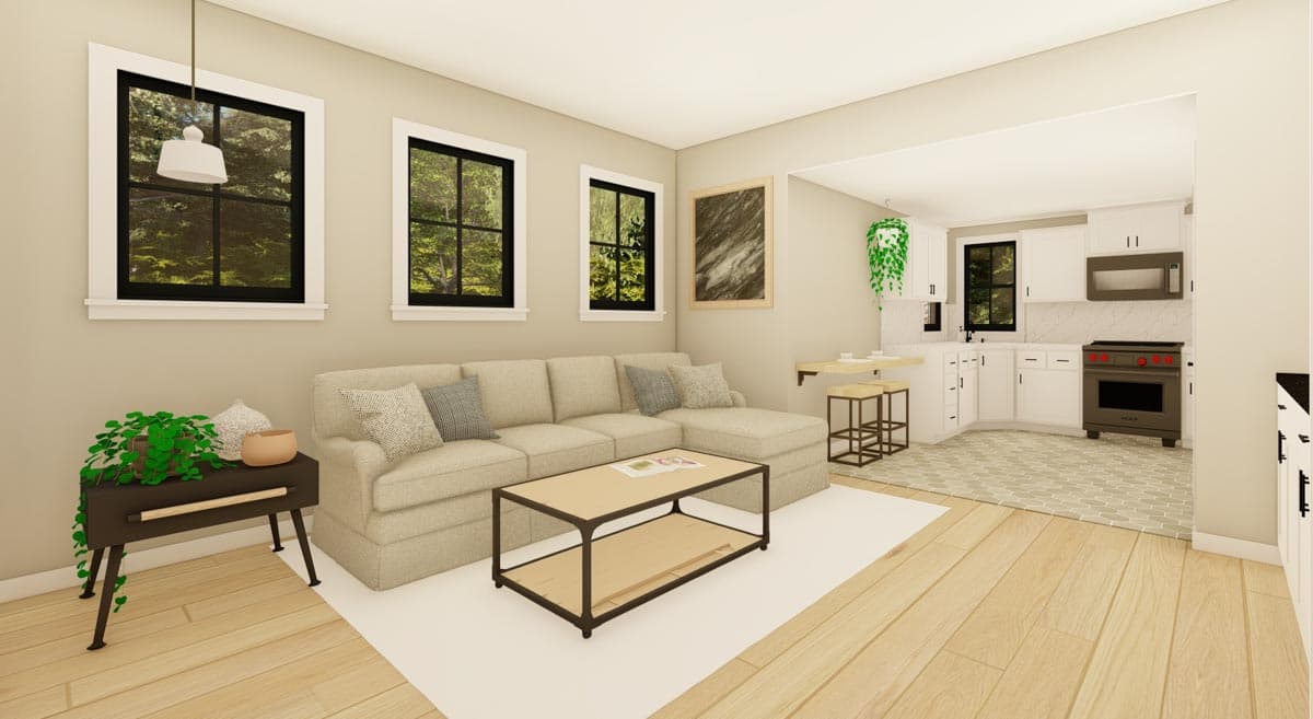 Interior rendering of a living room with a sectional sofa adjacent to a white kitchen with an island and seating.
